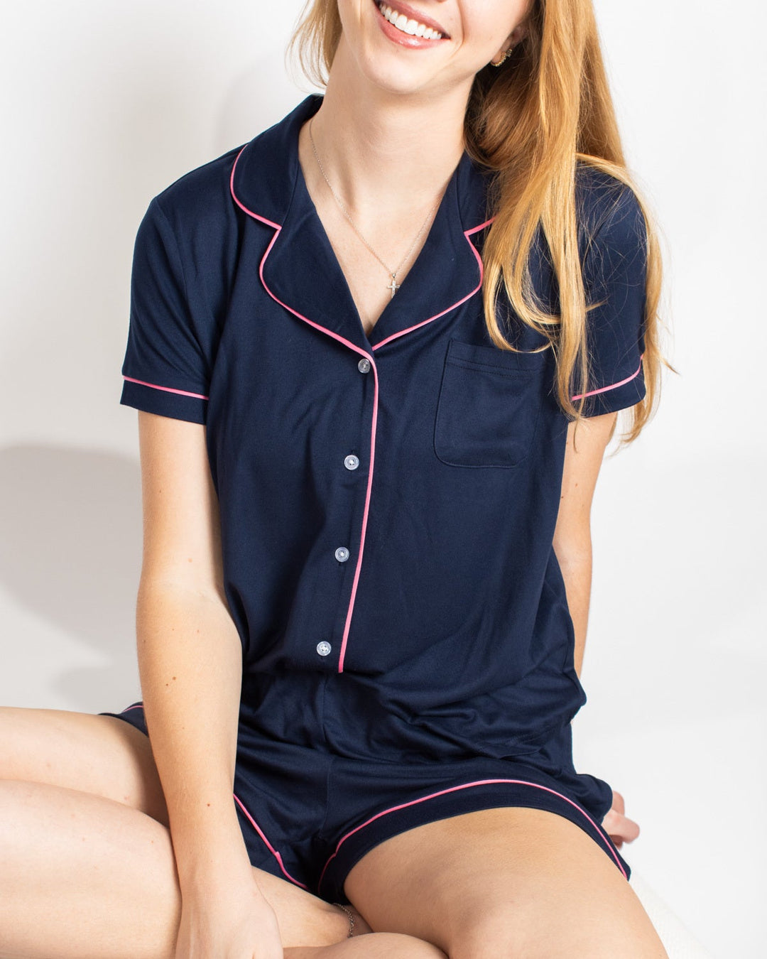 Elizabeth Short Sleeve Button Up Sleep Shirt   Navy/Pink   Small
